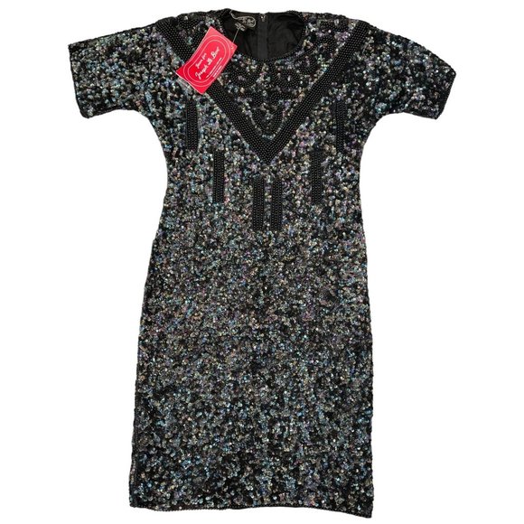 Vintage Jean for Joseph Le Bon Dress Black Beaded Sequined Pure Silk Dress M NWT - Picture 1 of 13